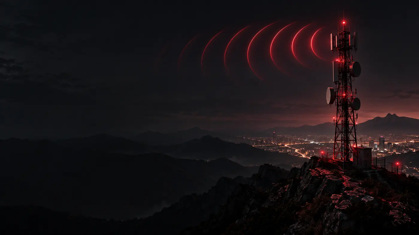 Torre de acceso inalámbrico iluminada sobre una zona urbana